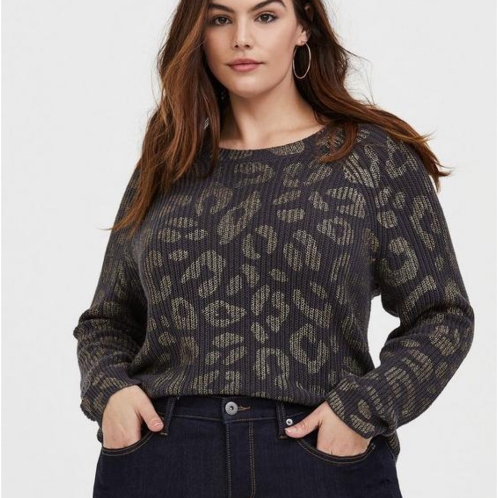 Torrid Dark Grey & Gold Foil Leopard Rib Pullover Sweater
